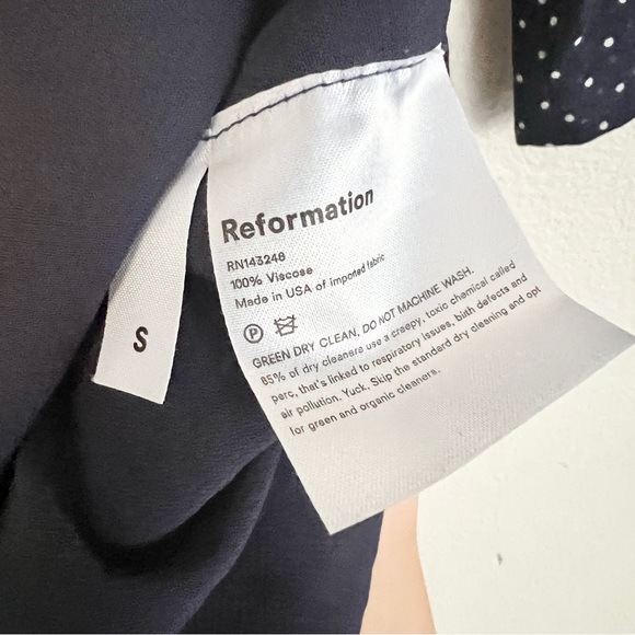 REFORMATION Button Polka Dot Mini Wrap Dress in Navy Blue - Picture 7 of 7